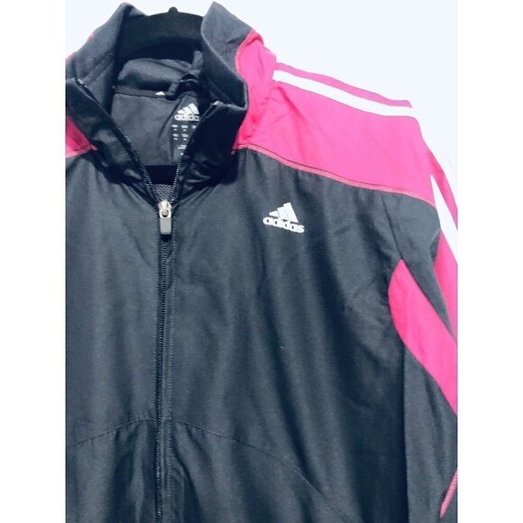 Adidas Womens Medium Pink Black Full Zip Track Jacket Workout 3 Stripe Pockets - Picture 2 of 5